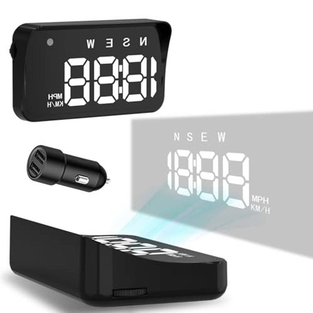Black heads-up display showing MPH/KM speed numbers with USB car plug and base