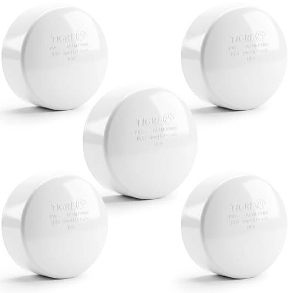 Five-pack of white PVC DWV hub end caps, round ends, capped hub