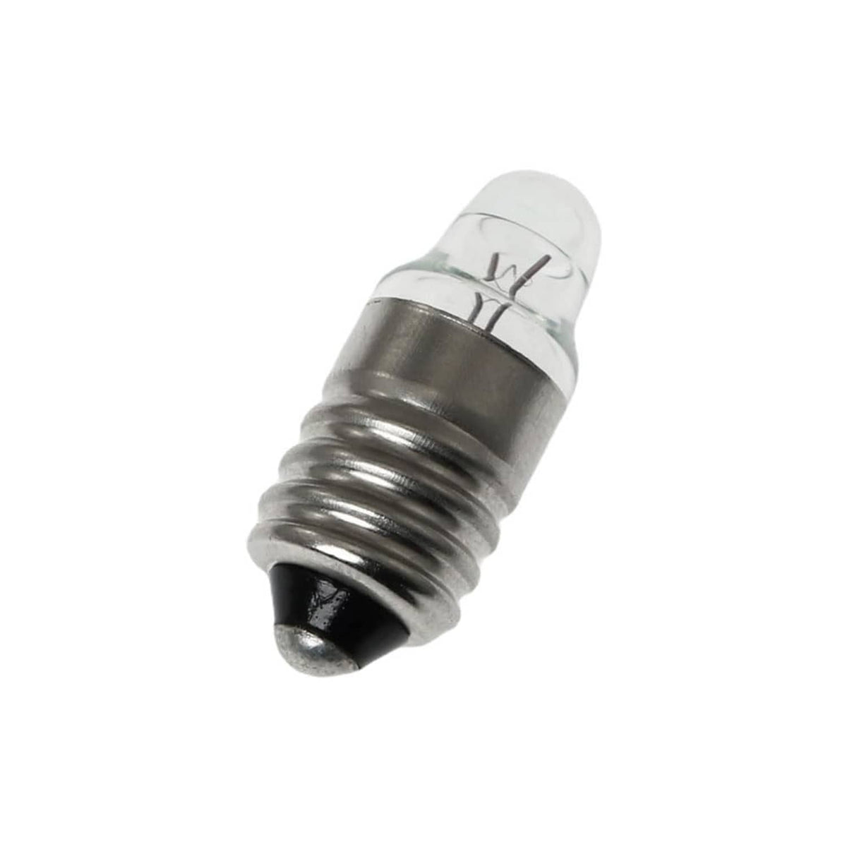 Mini E10 screw-base bulb close-up, clear glass envelope over metal threads