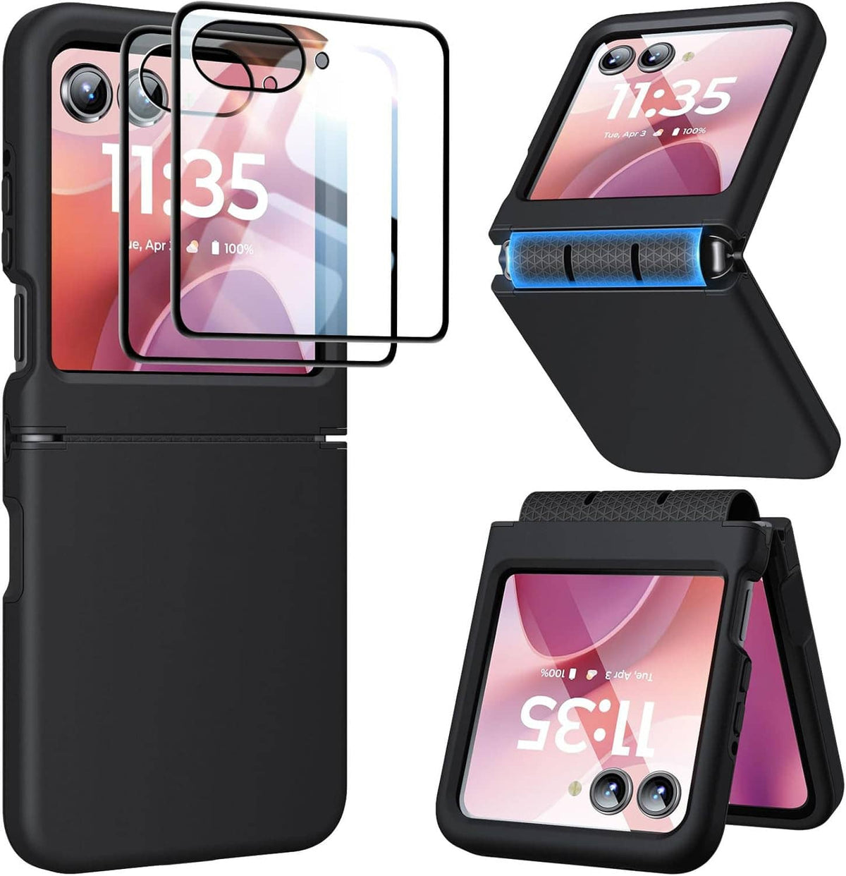 Black foldable phone case with hinge protection and two HD screen protectors