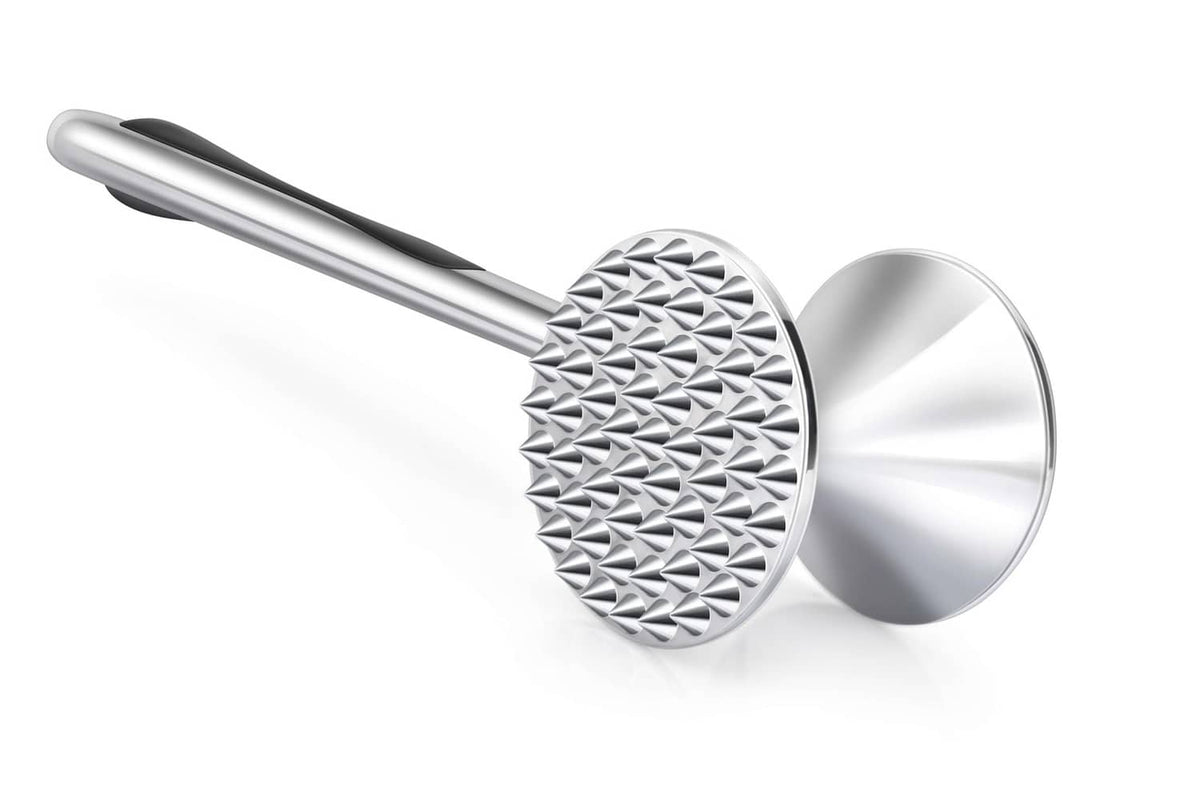 Double-sided stainless steel meat tenderizer hammer with textured and flat mallet heads