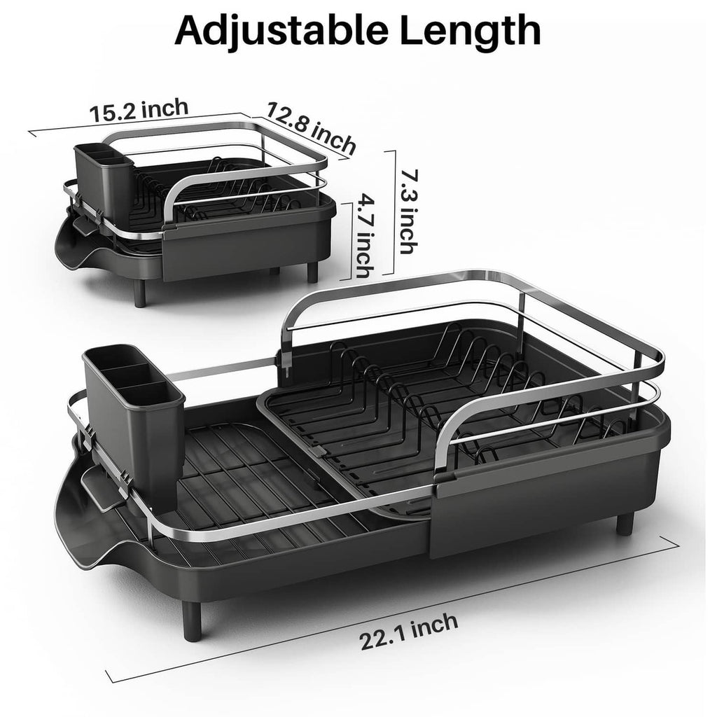 Expandable black dish rack with adjustable length measurements and drying tray