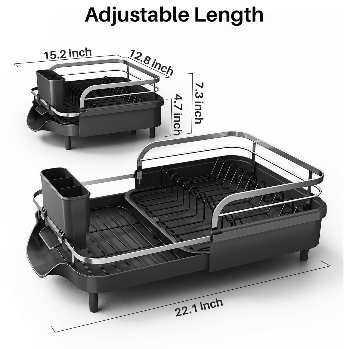 Expandable black dish rack with adjustable length measurements and drying tray