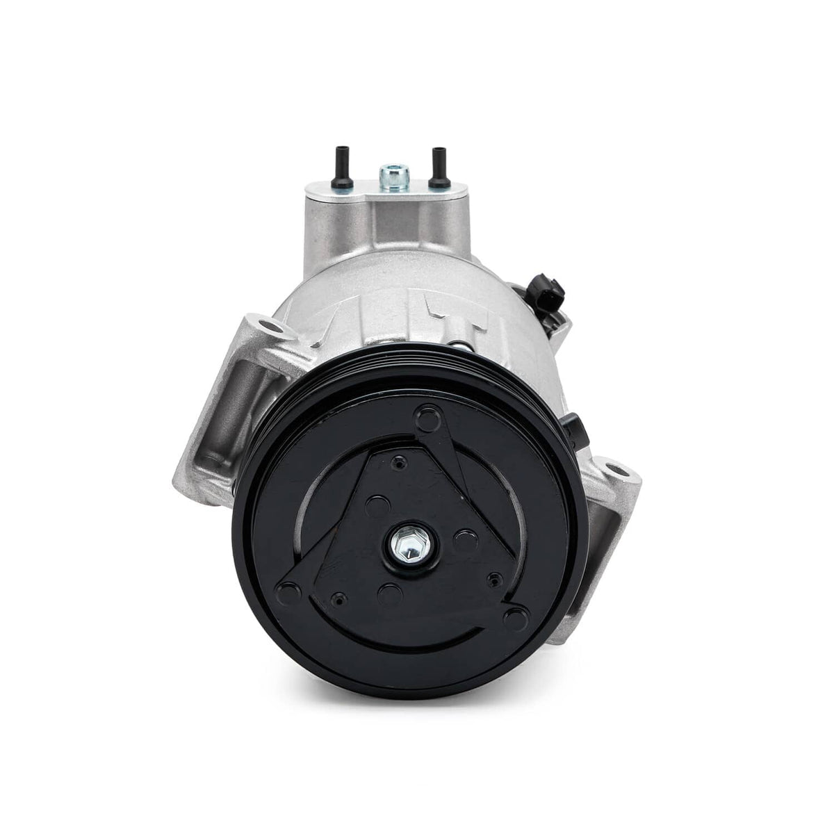 A/C compressor with front clutch pulley, silver housing with top bolts and side port
