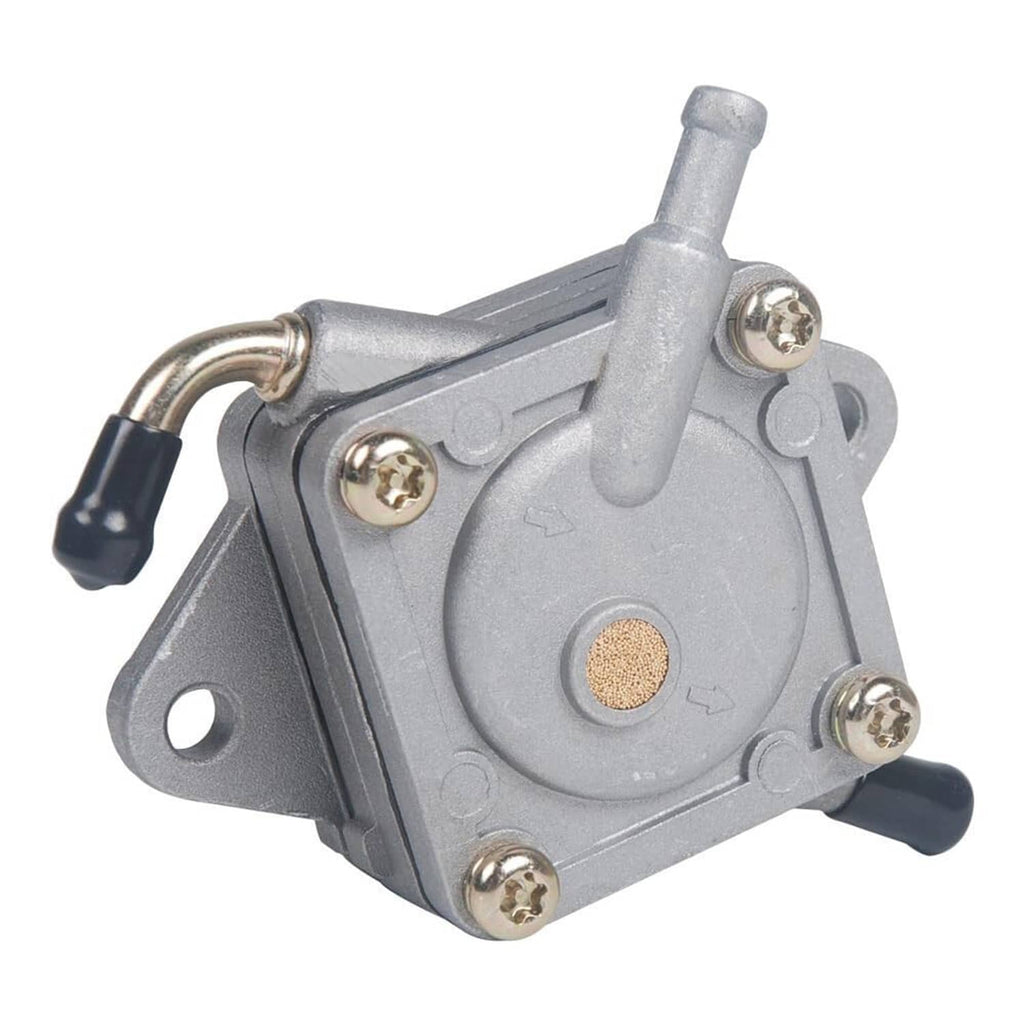 Fuel pump for gas golf cart, side view of gray metal body with ports and screws