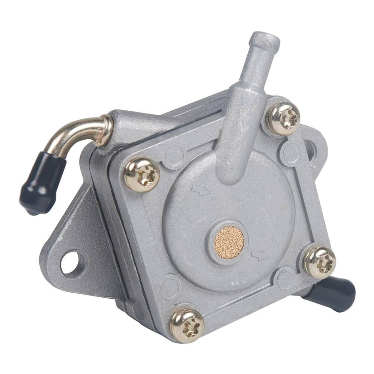 Fuel pump for gas golf cart, side view of gray metal body with ports and screws