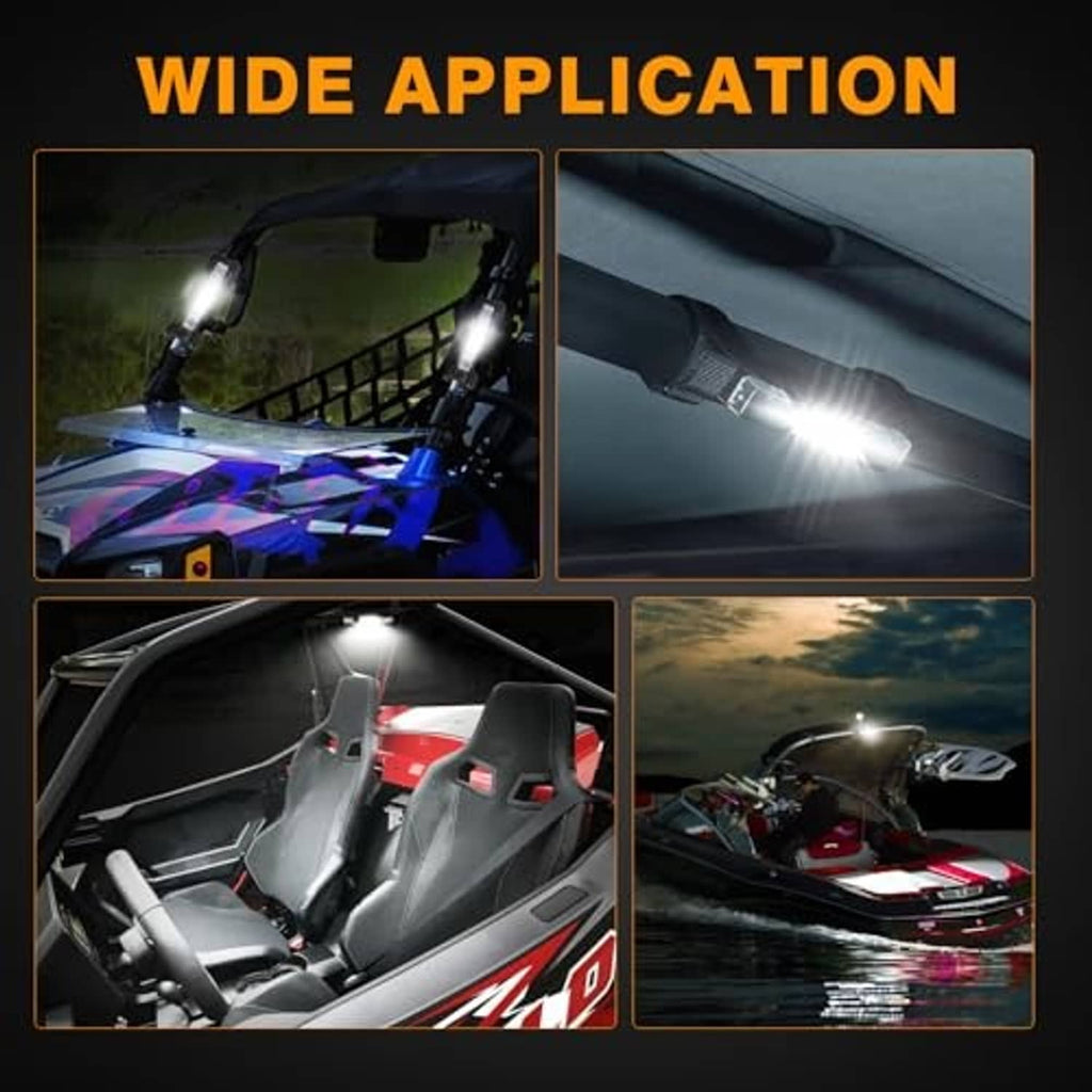 Roll-bar LED light bar with clear lens, shown powering front cabin and outdoor use