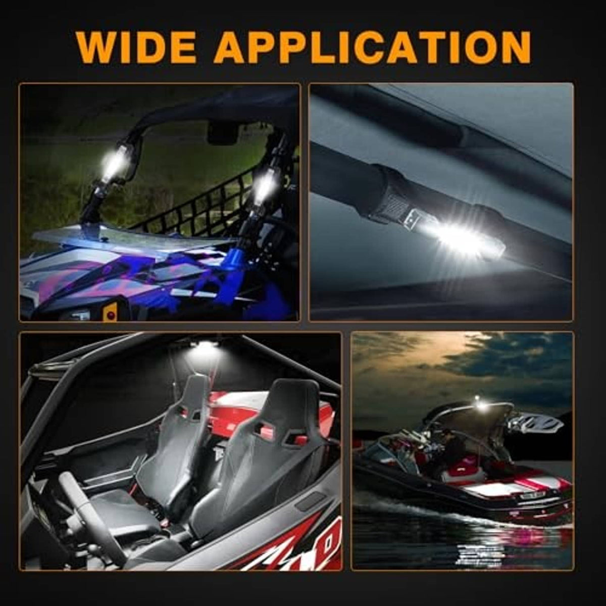Roll-bar LED light bar with clear lens, shown powering front cabin and outdoor use