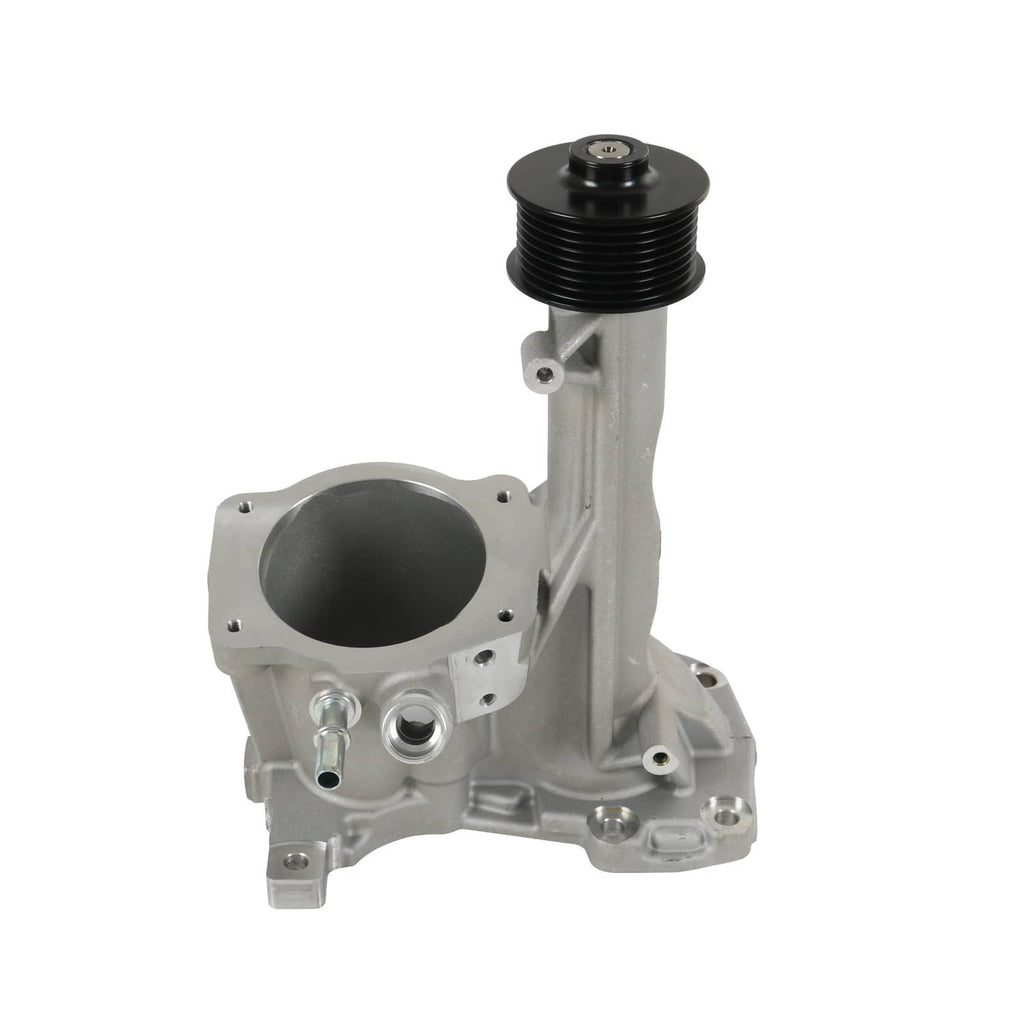 Metal supercharger snout housing with black pulley and mounting flange openings