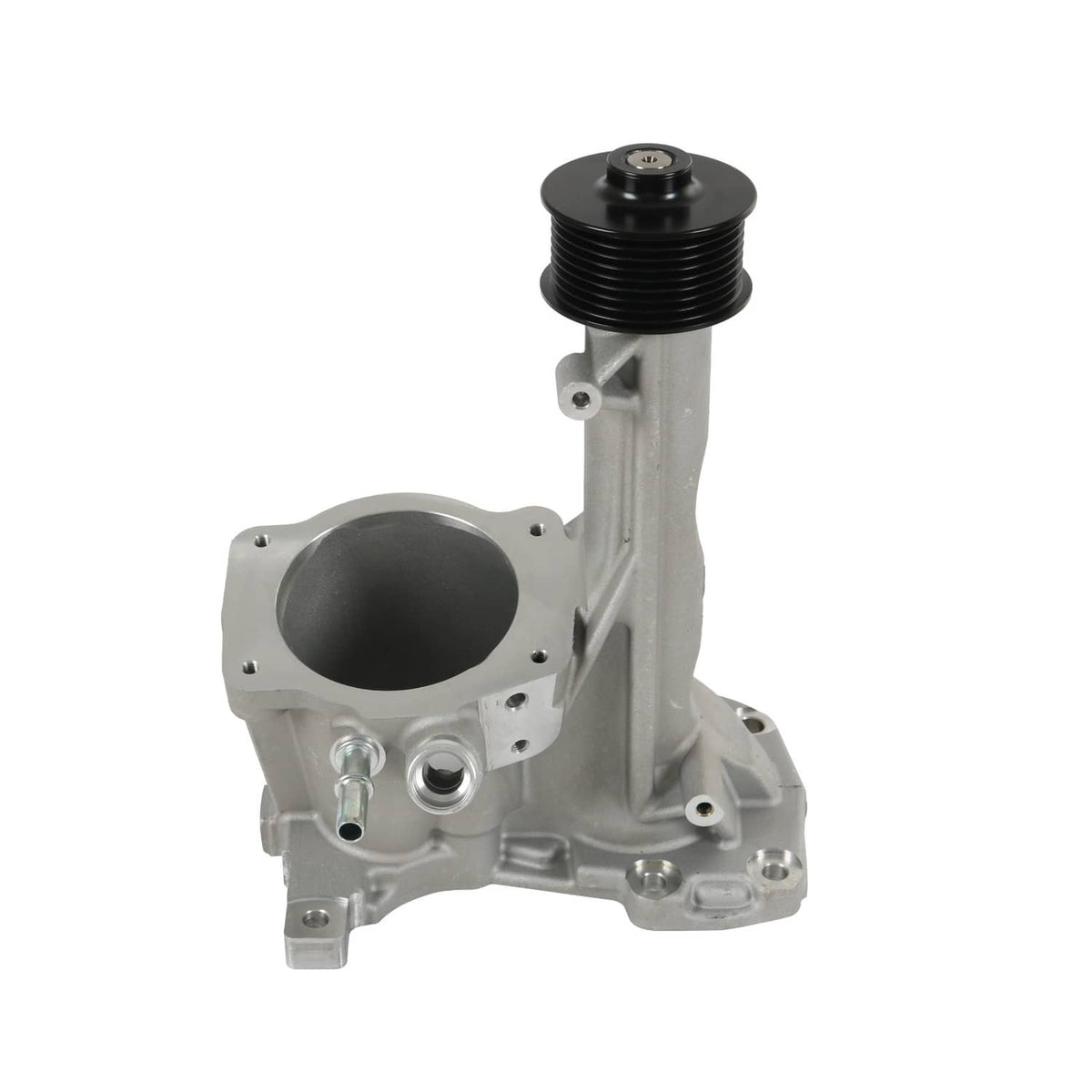 Metal supercharger snout housing with black pulley and mounting flange openings