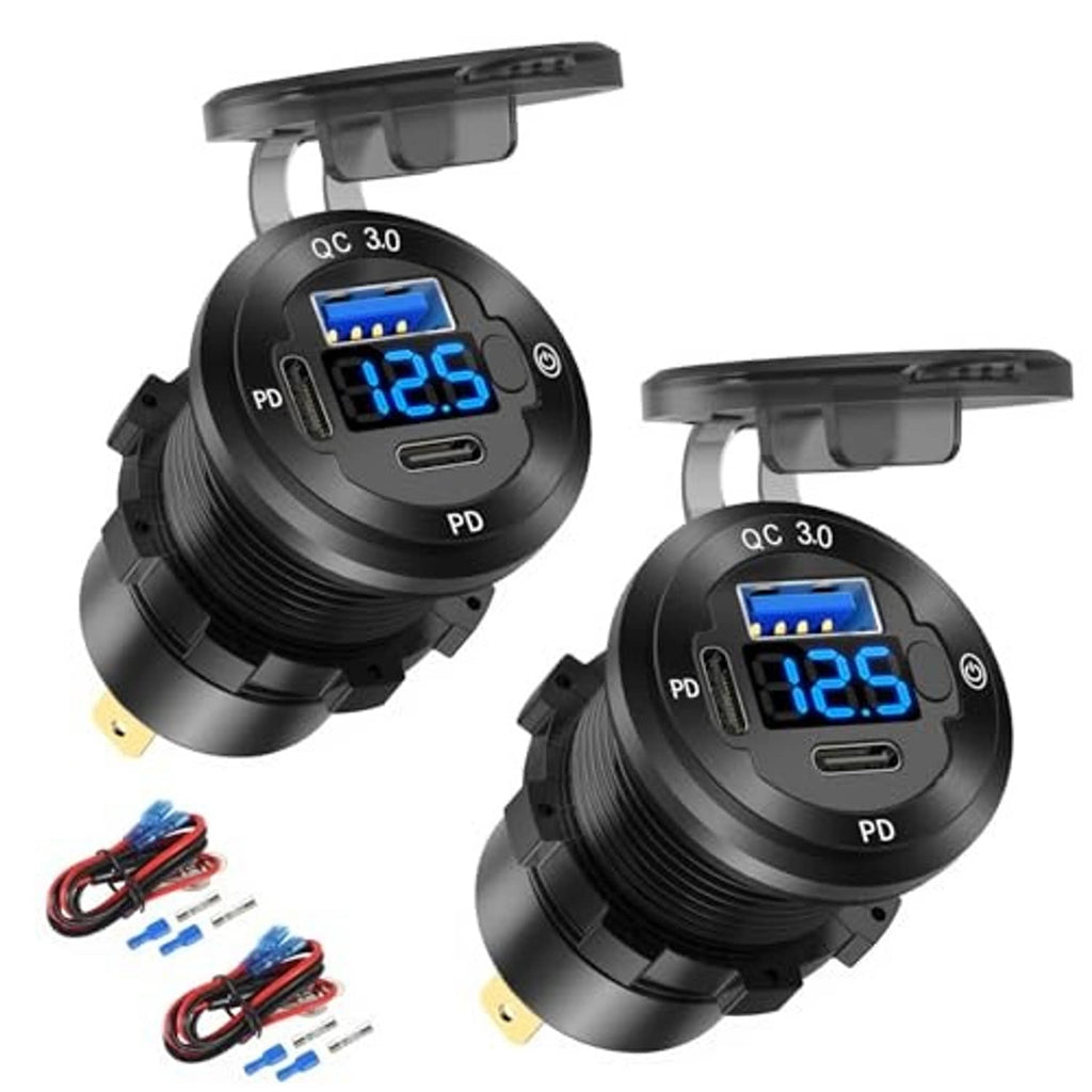 Two black round 12V car USB sockets with QC 3.0 display and PD USB-C port