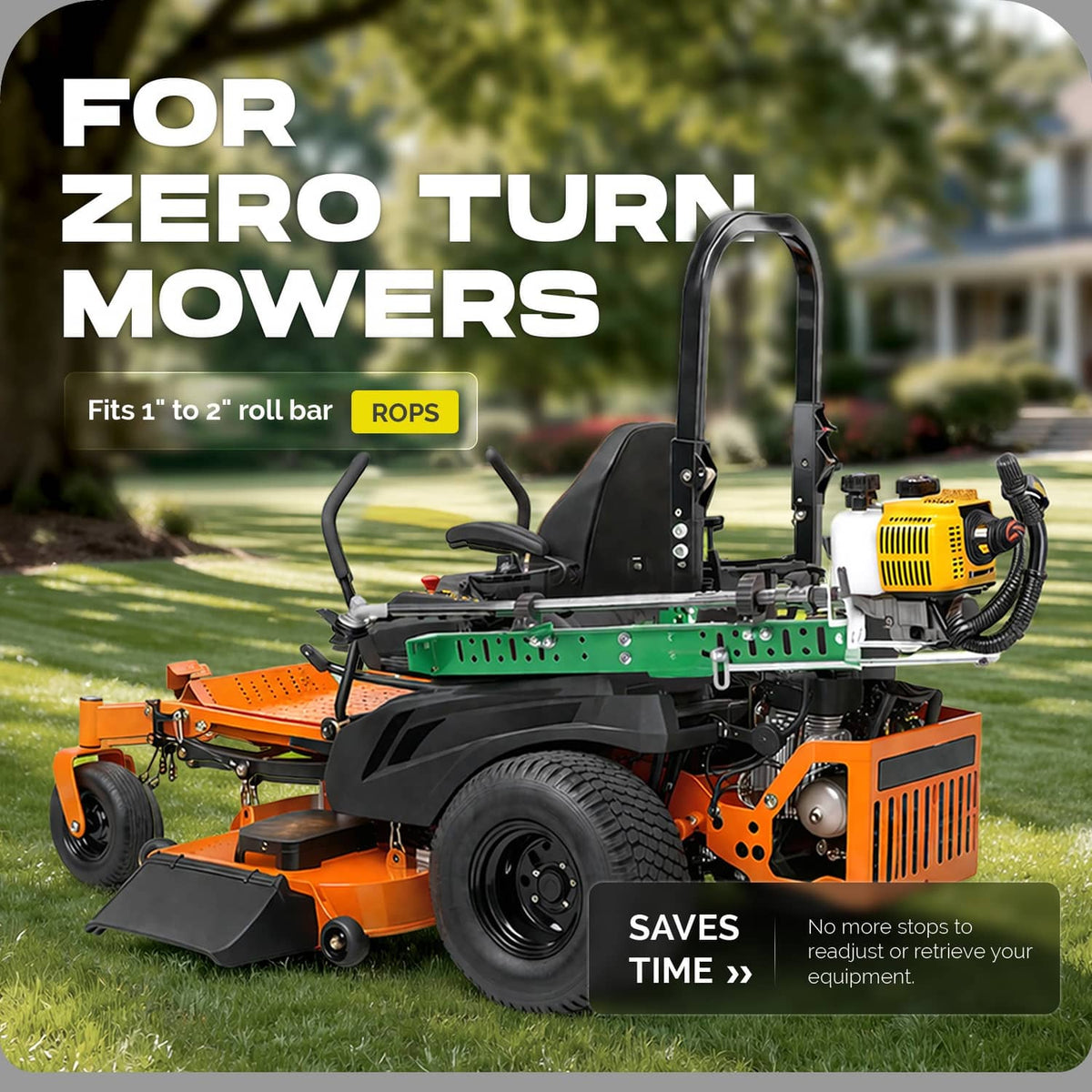 Green trimmer holder rack mounted on a zero-turn mower deck