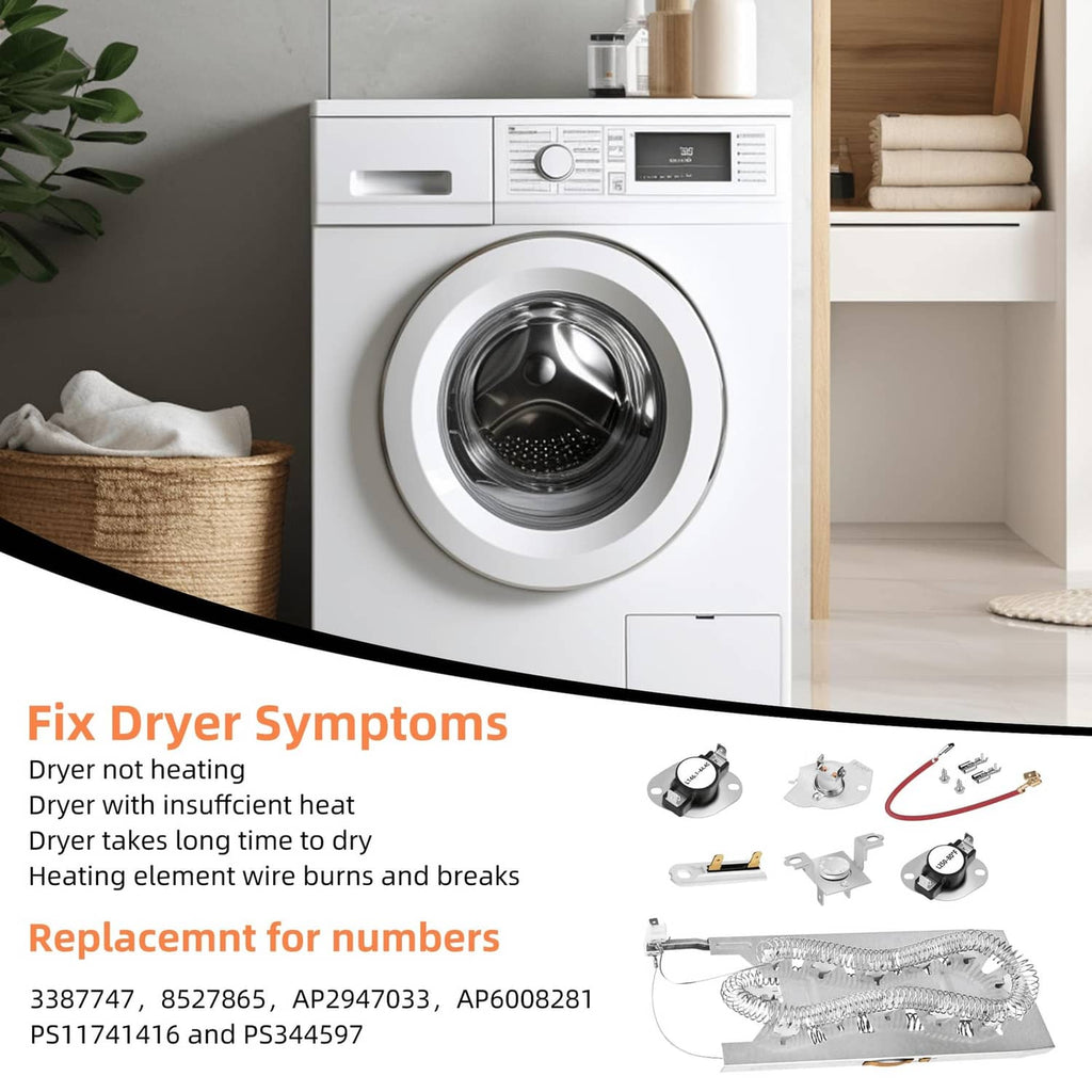 Front-load dryer with replacement heating element and thermostat kit