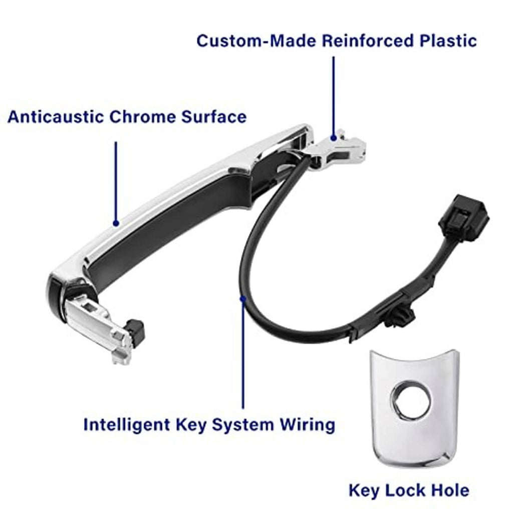 Chrome exterior door handle with black insert, key lock hole, and wiring connections
