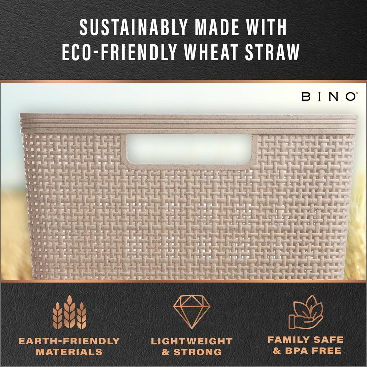 Natural grey woven plastic storage basket with integrated window cutout, open-top design