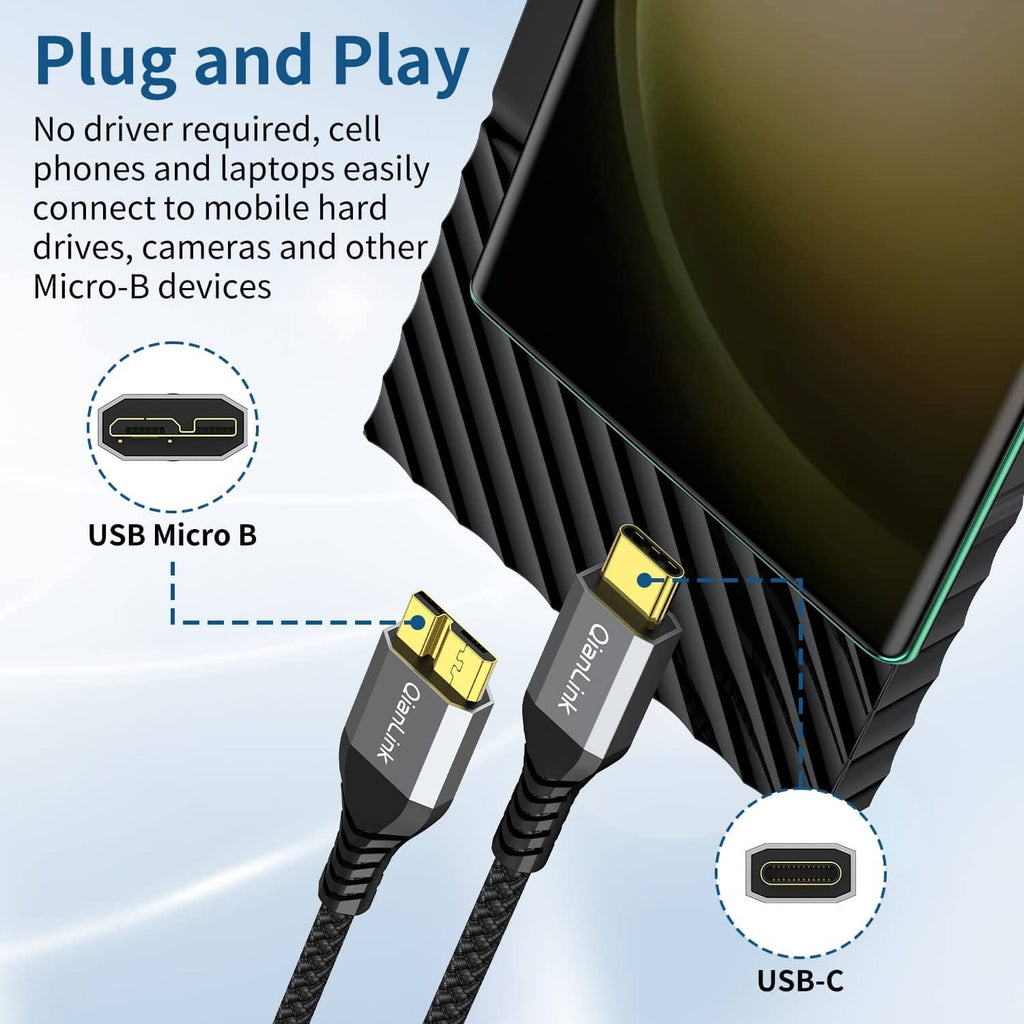 QianLink USB-C to Micro-B cable with two connectors, black braided cord and strain relief.
