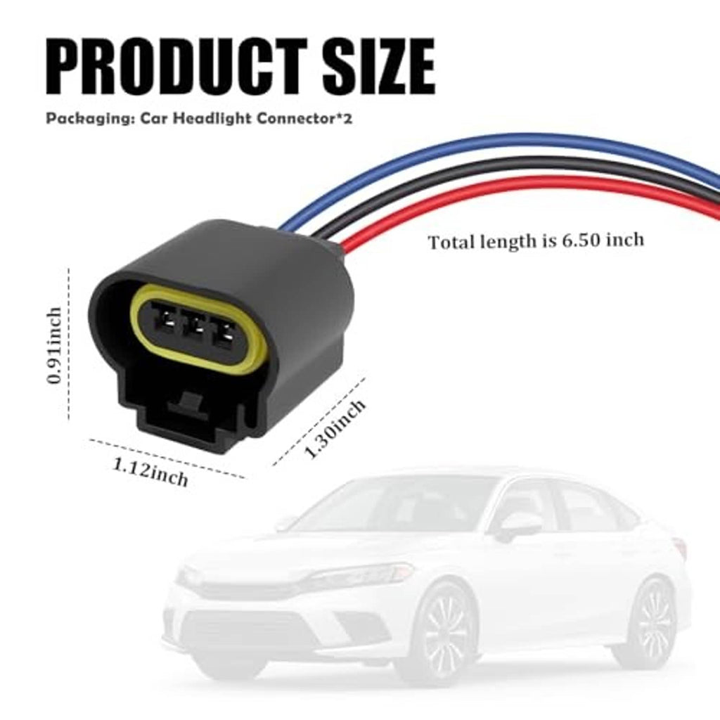 Headlight pigtail connector with gray housing, yellow 3-pin plug, red and blue wire leads