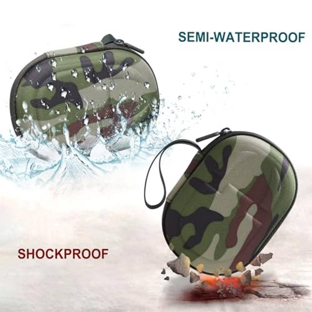Camo speaker case with carrying loop, shown with water splash and dust protection look