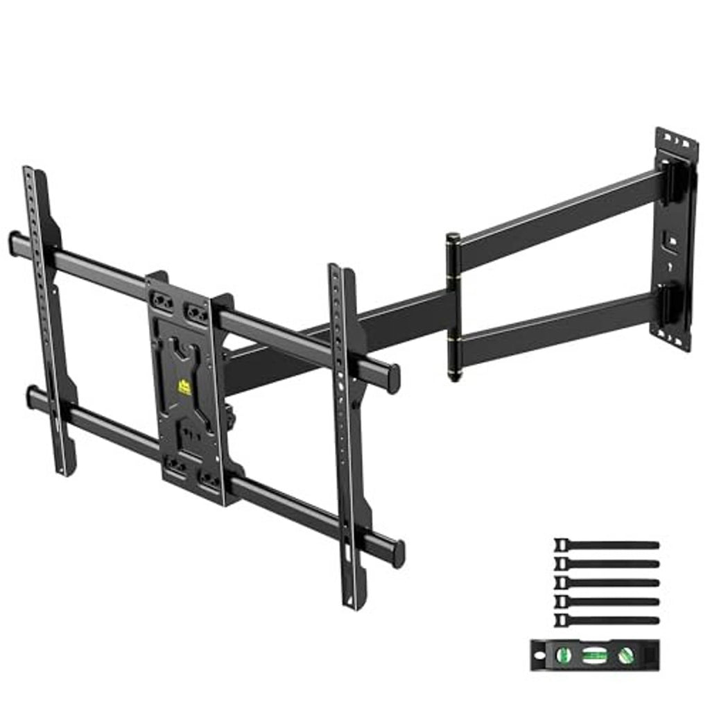 Black full-motion TV wall mount bracket with extended arms and included hardware