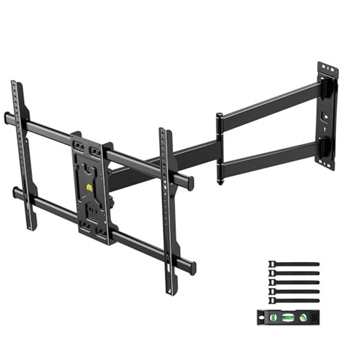 Black full-motion TV wall mount bracket with extended arms and included hardware