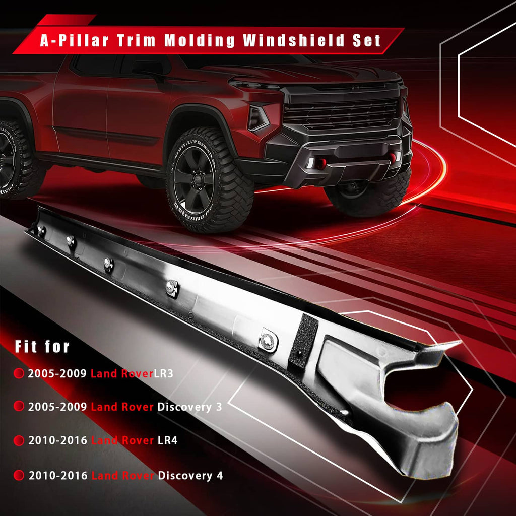 A-pillar windshield trim molding set, black long bars with mounting clips