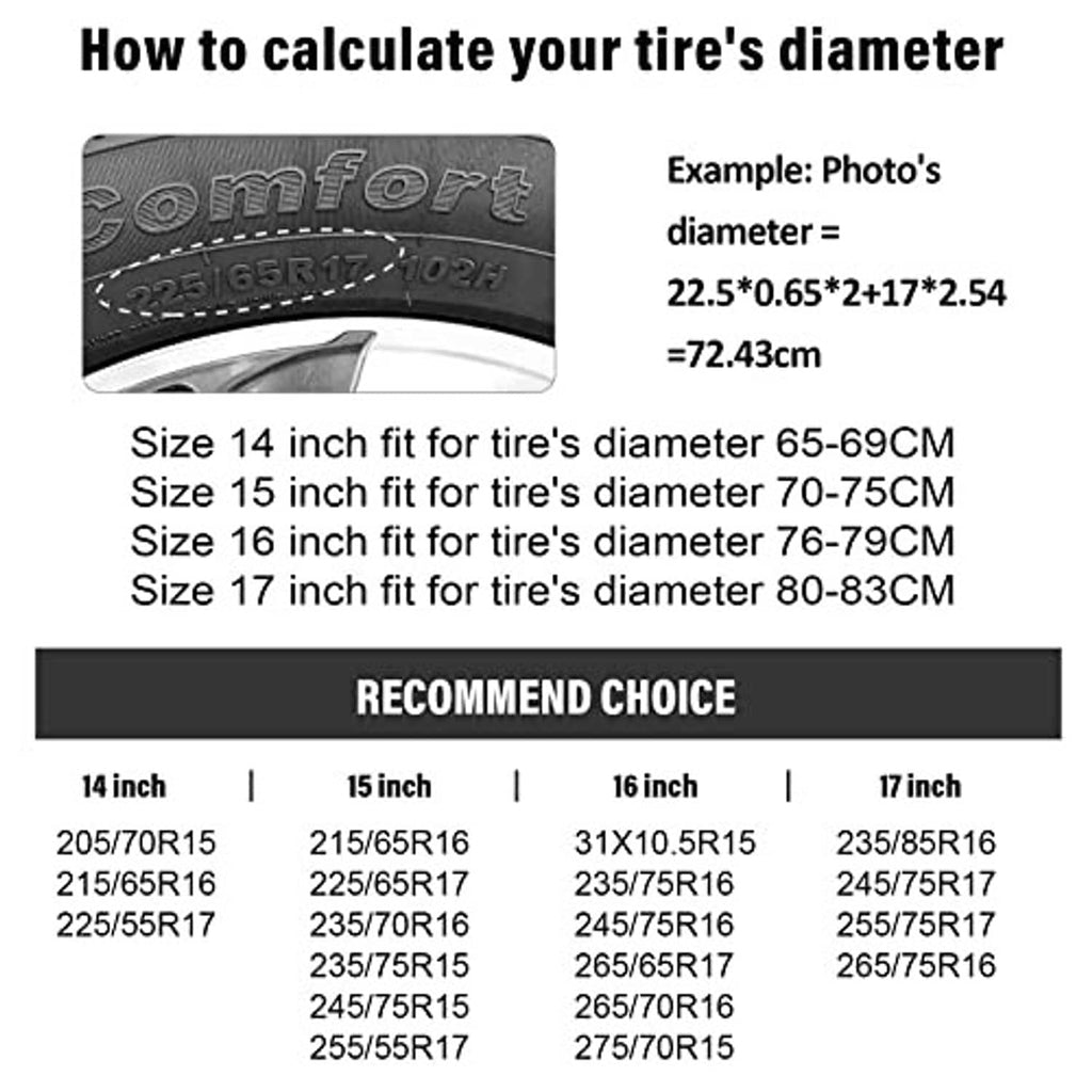Spare tire cover size guide chart showing tire diameters in inches and centimeters