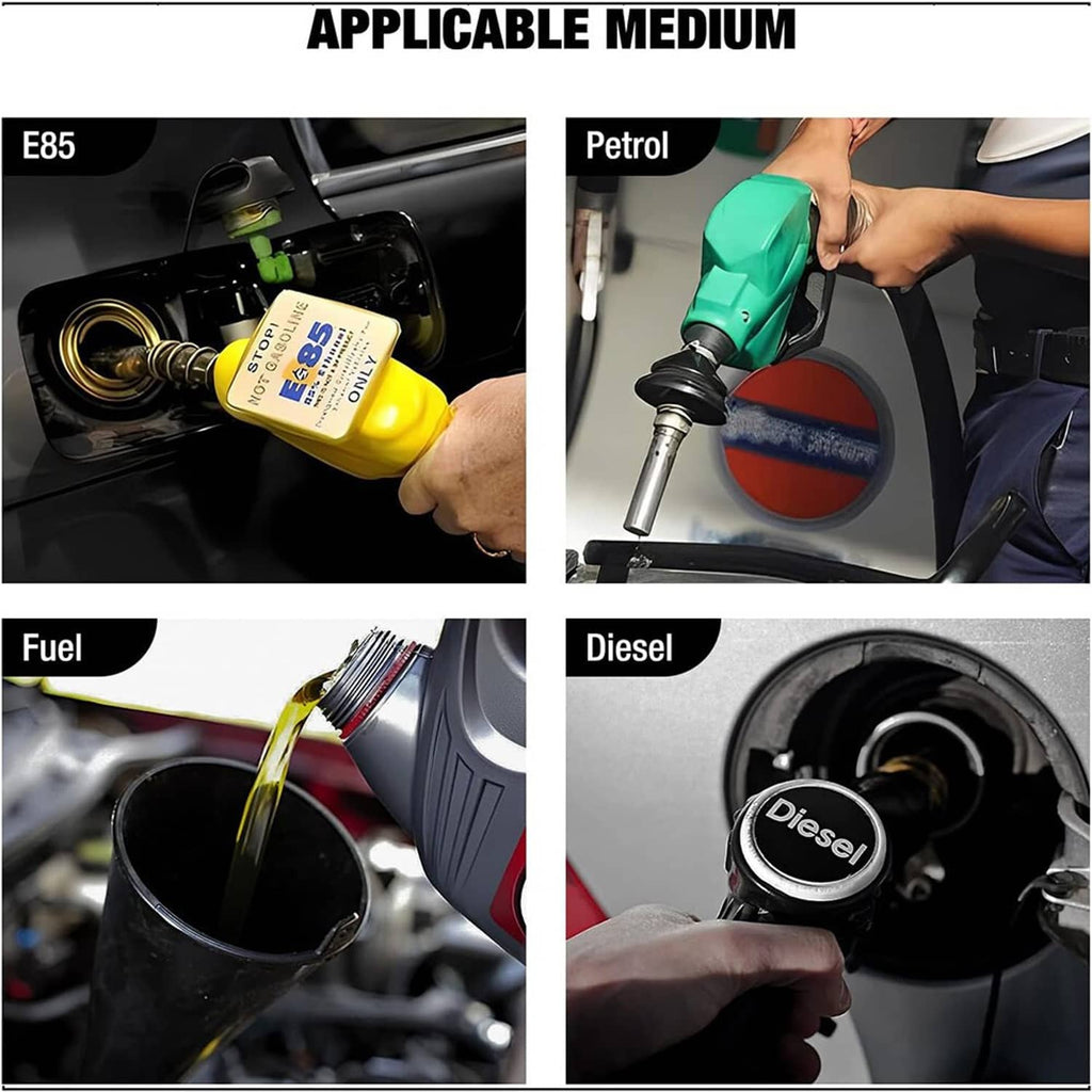 Fuel fitting kit with black braided PTFE hose and connectors, shown with E85 fuel can