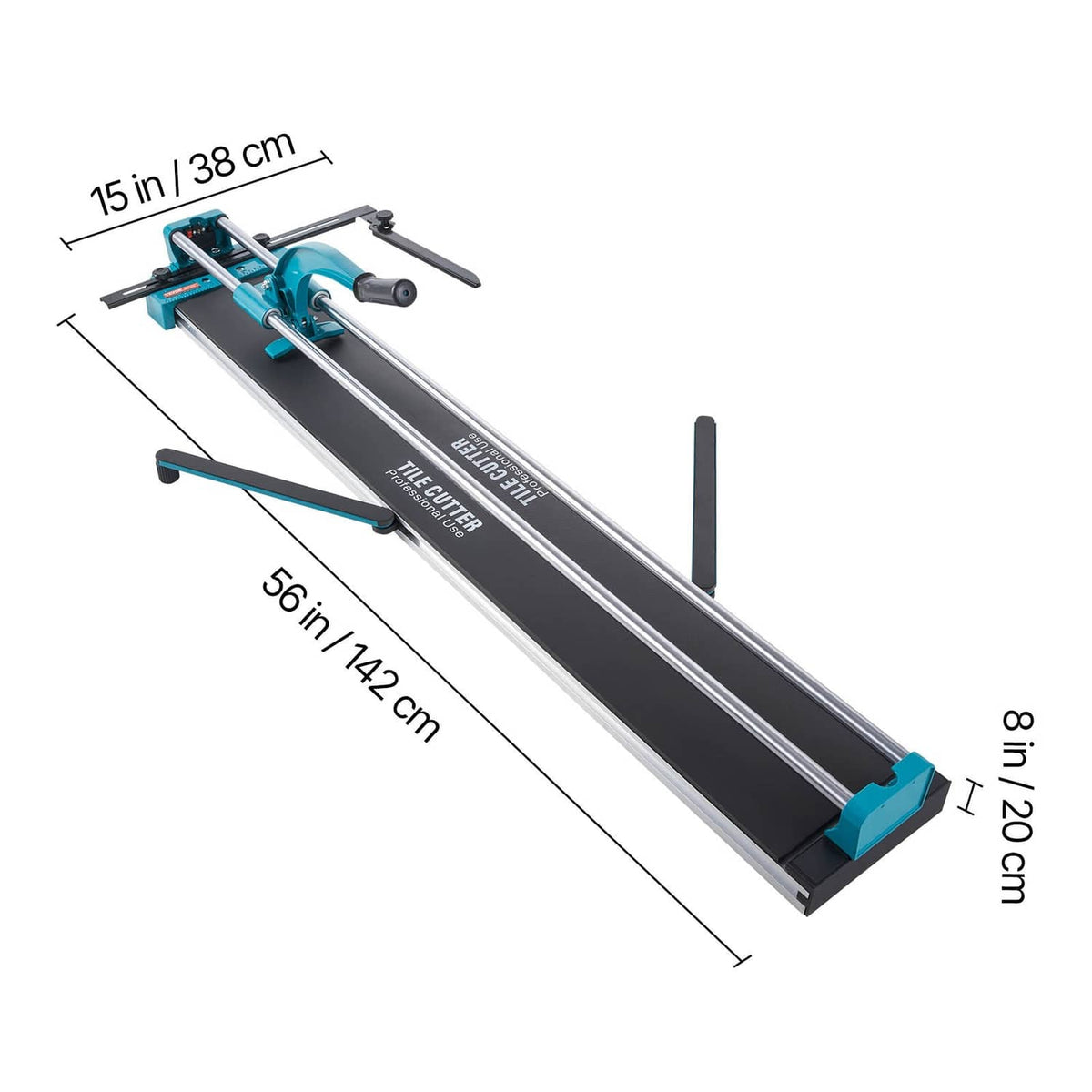 Manual tile cutter angled view with long rails, black guide track, and teal end stops