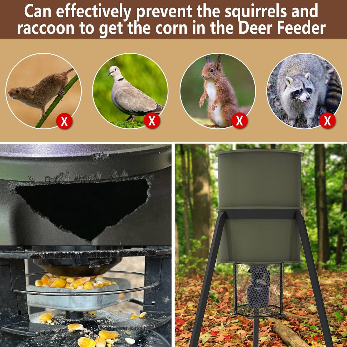 Green hopper deer feeder with black wire varmint guard cage above food tray