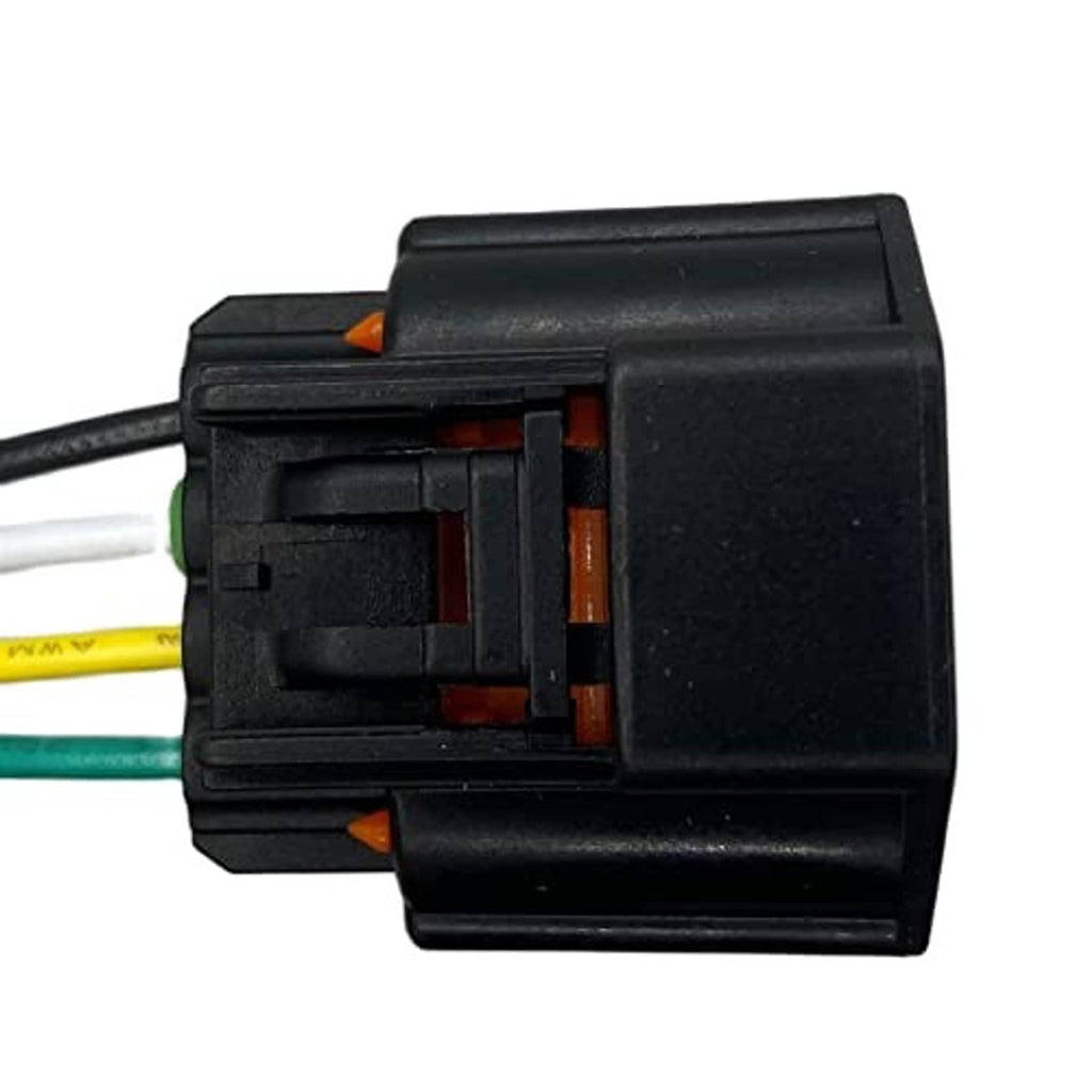 Black wiring harness connector plug with internal terminals and orange markings