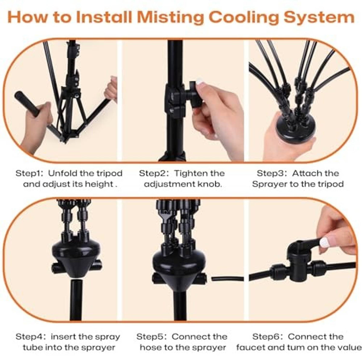 Misting system installation steps showing tripod setup and connection to sprayer