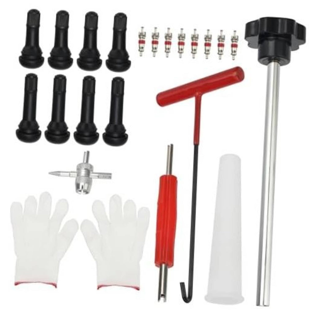 Tire valve tool kit with black valve stems, core remover, red handle, white cone, gloves