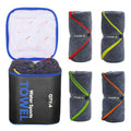 4-pack quick-dry microfiber travel towels, dark navy with red/yellow/green/orange edges