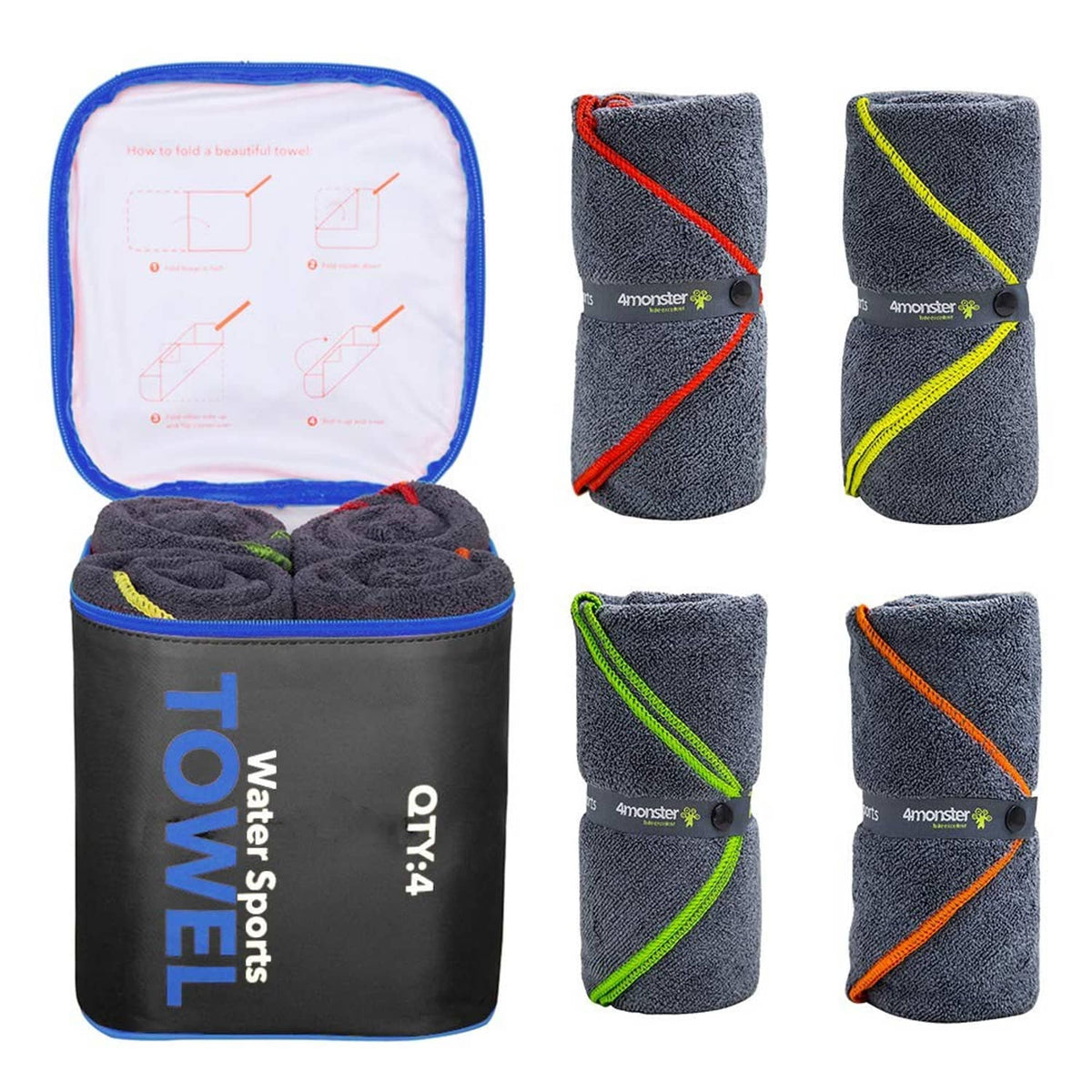 4-pack quick-dry microfiber travel towels, dark navy with red/yellow/green/orange edges