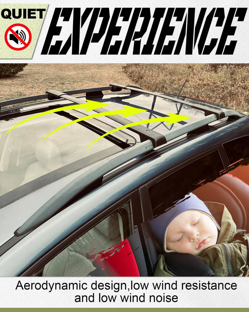 Black roof rack cross bars installed on vehicle roof rails to reduce wind noise