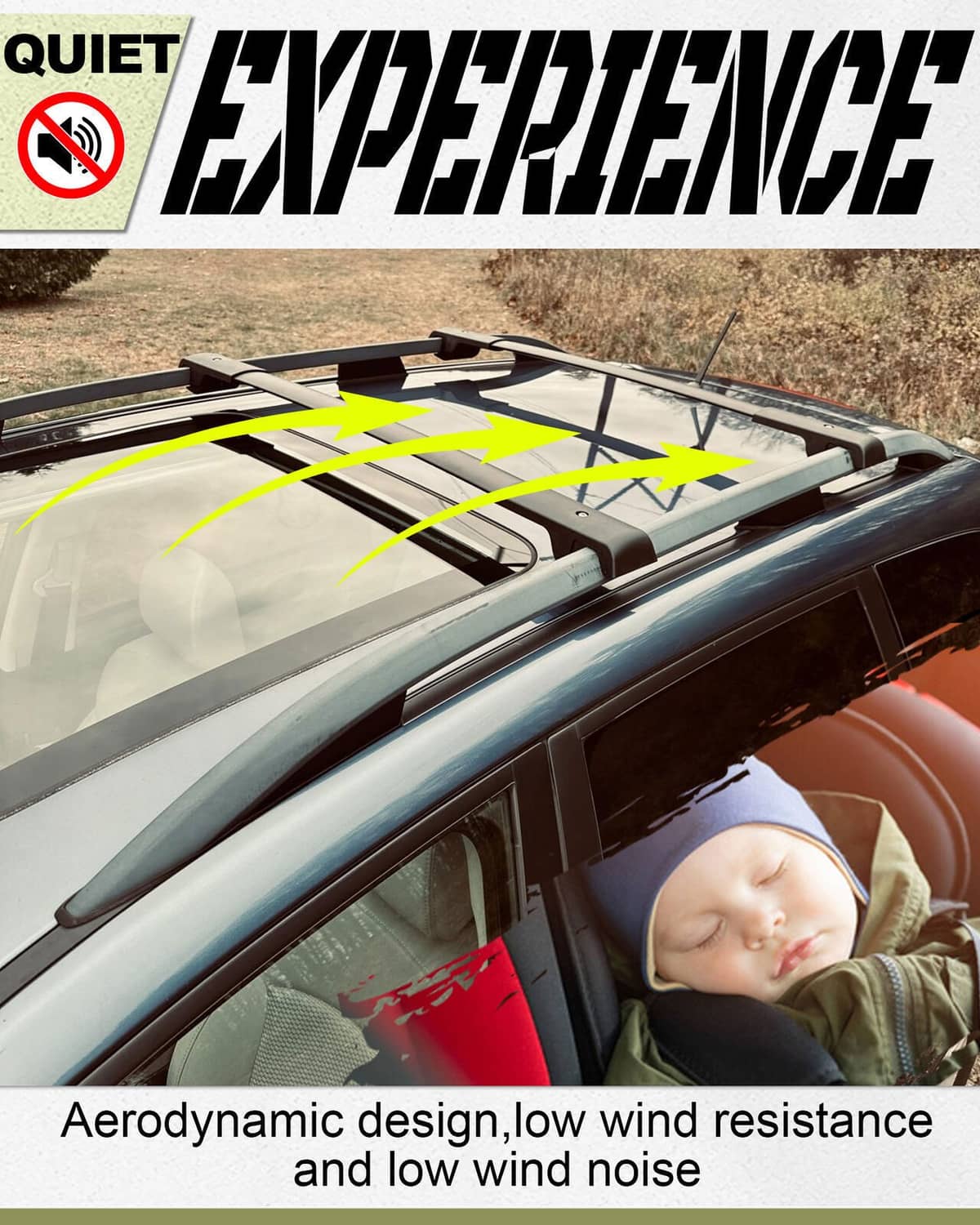 Black roof rack cross bars installed on vehicle roof rails to reduce wind noise