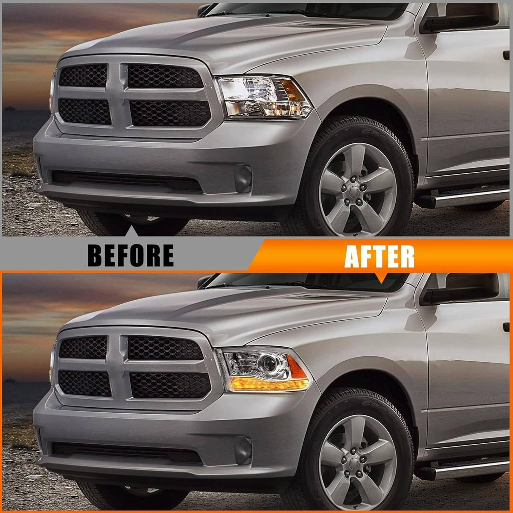 Front headlight assembly on a silver pickup truck, showing before-and-after lighting