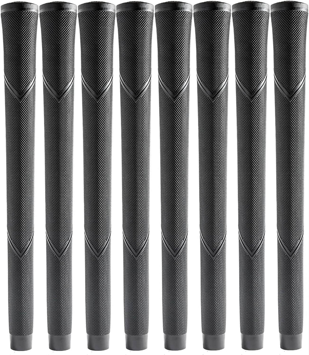 Pack of black oversize jumbo golf club grips with raised comfort tread pattern