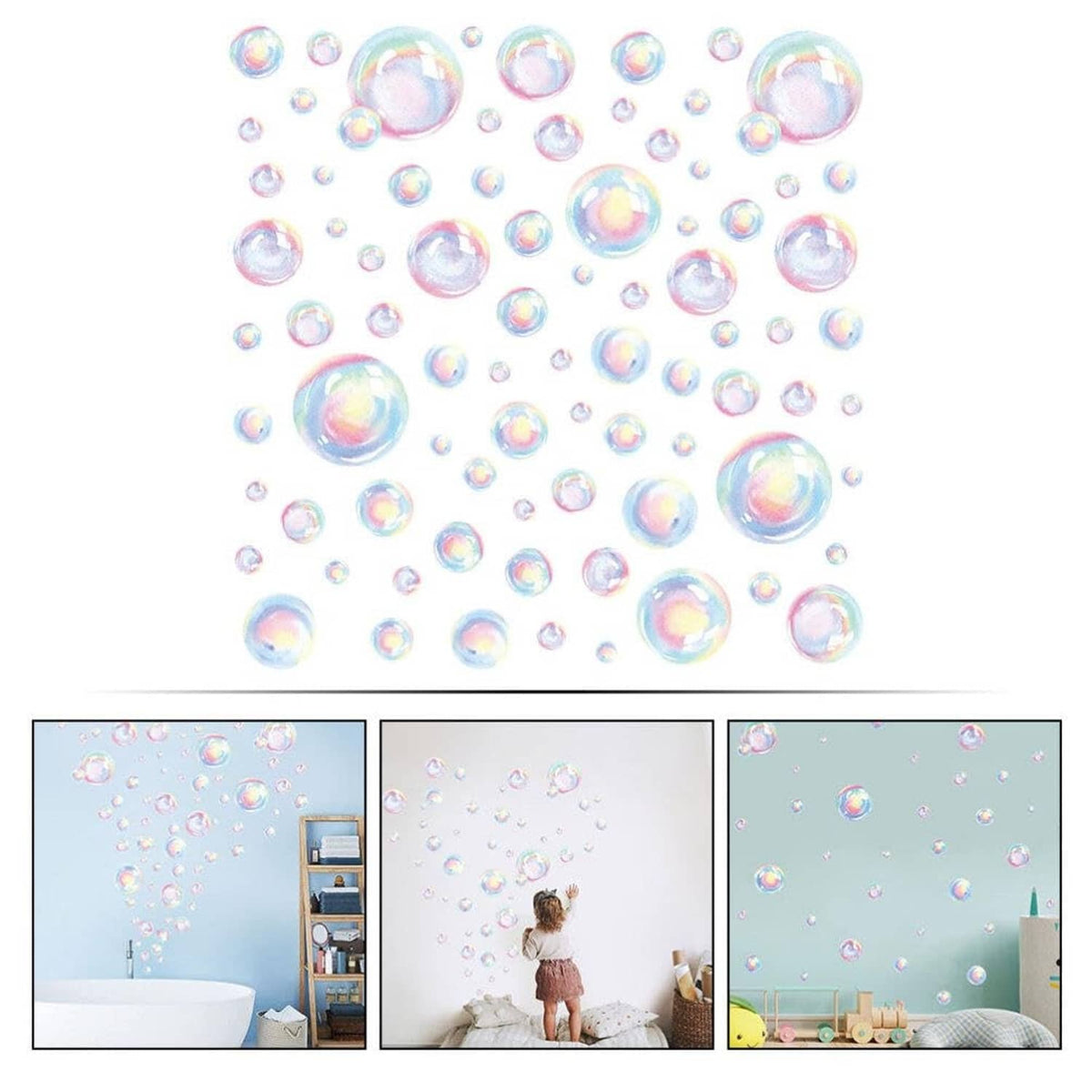 Rainbow bubble wall decal design with many iridescent bubble circles on a white background