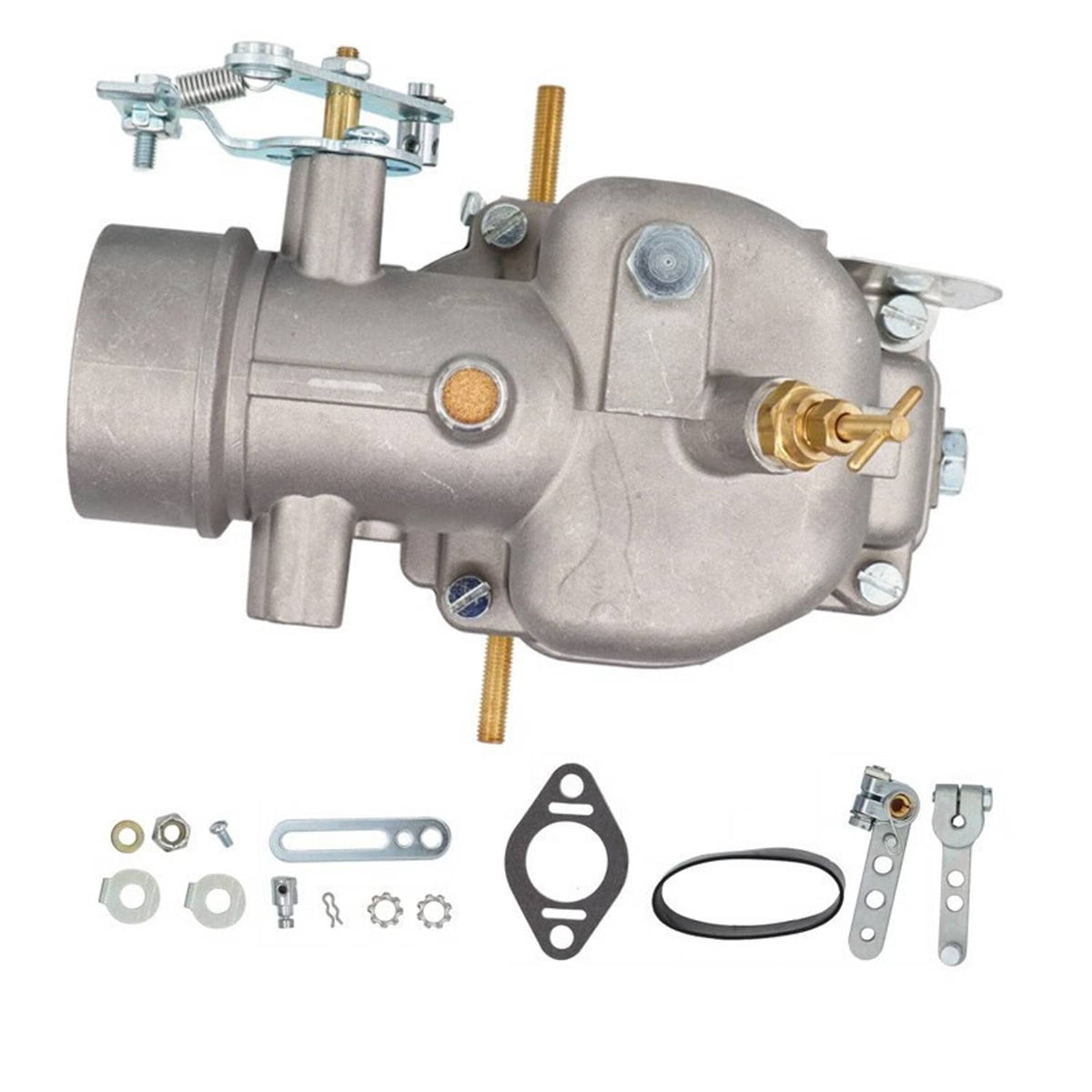 Metal carburetor assembly with throttle screw and included gaskets, clamps