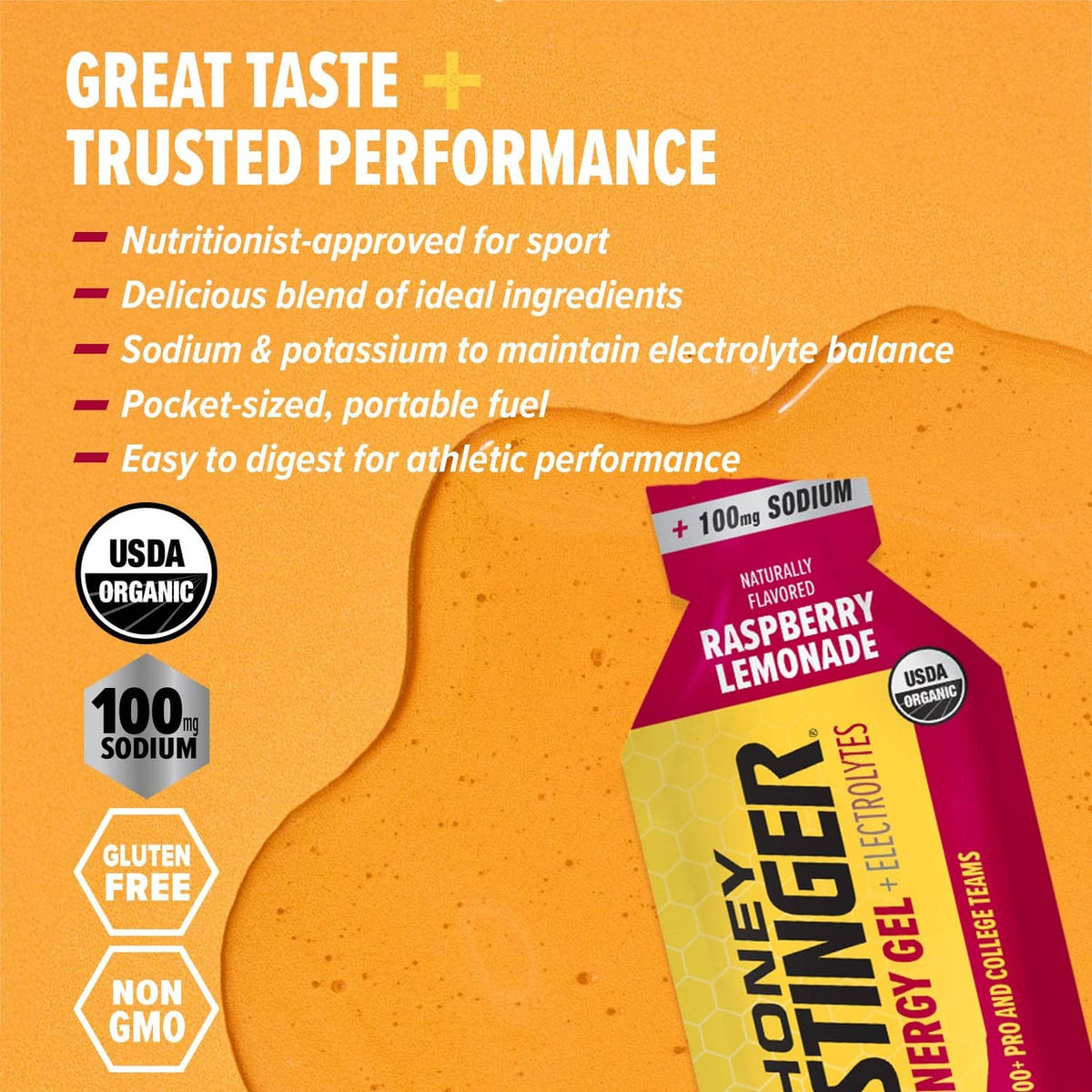 Honey Stinger organic raspberry lemonade energy gel packet with USDA organic and 100mg sodium badges
