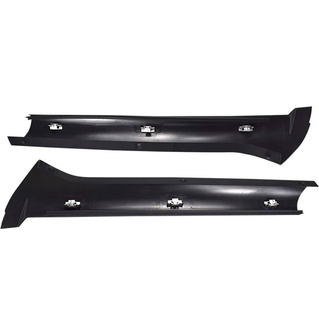 Pair of black pillar trim moldings with rivet holes and bracket positions