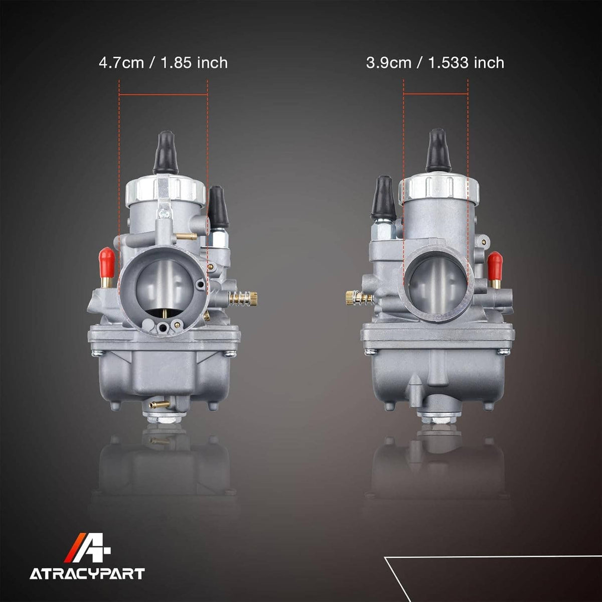 2-stroke carburetor, front and side view, with red choke cap