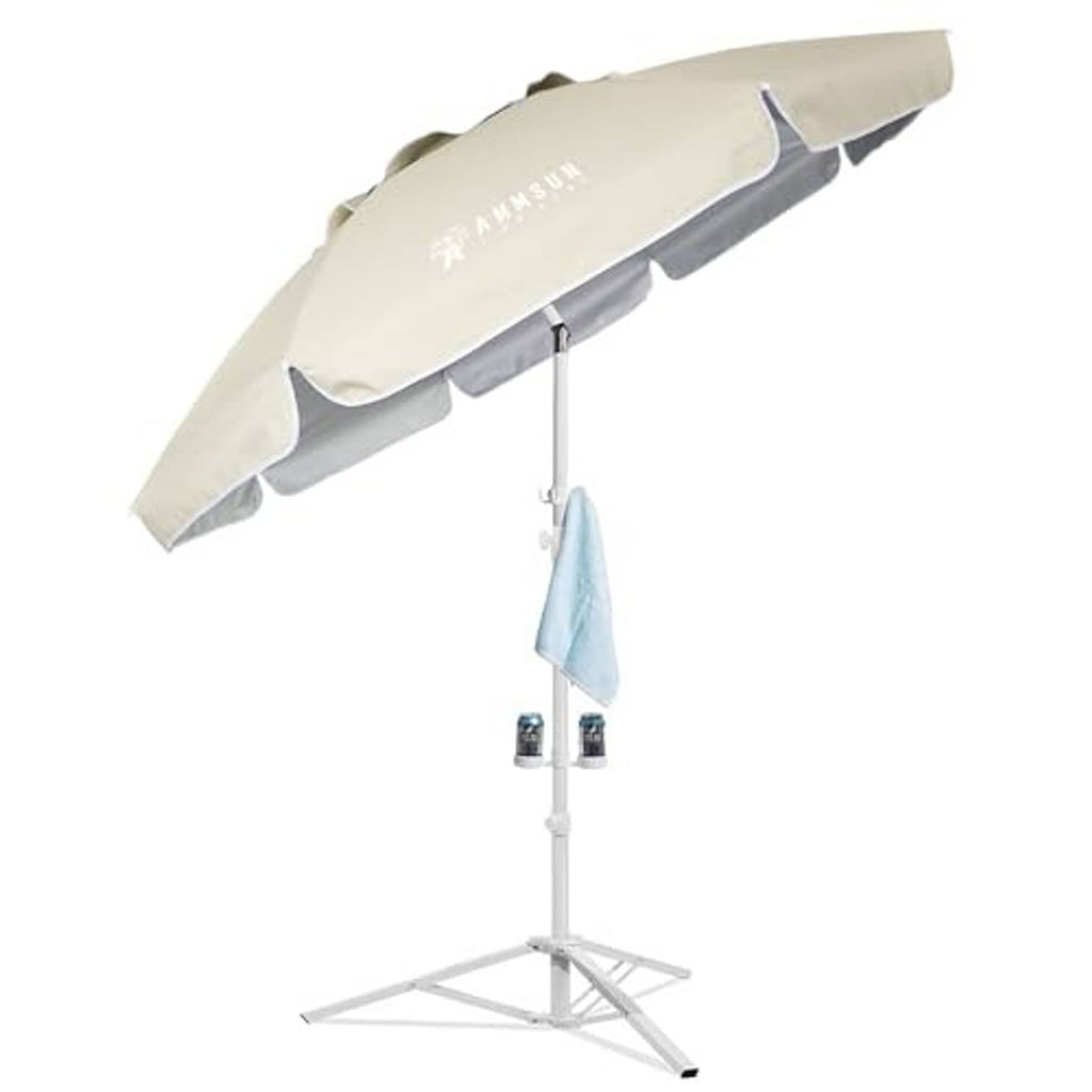 Beige patio umbrella with white tripod stand and hanging light-blue side bag