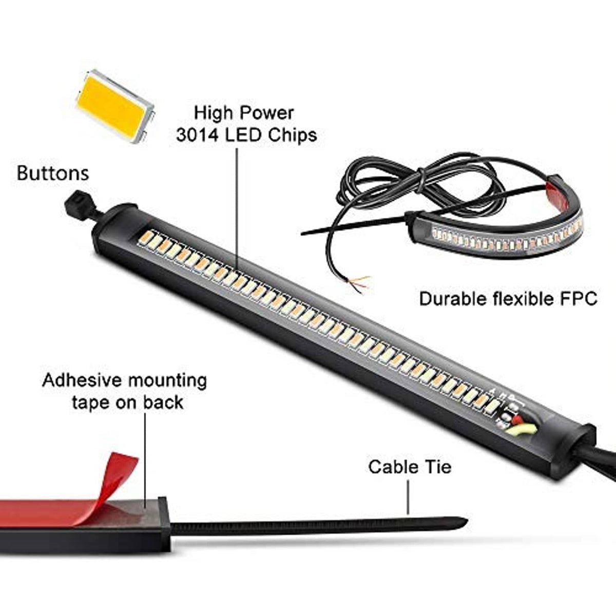 Flexible LED strip fork turn signals with adhesive backing, buttons, and cable ties
