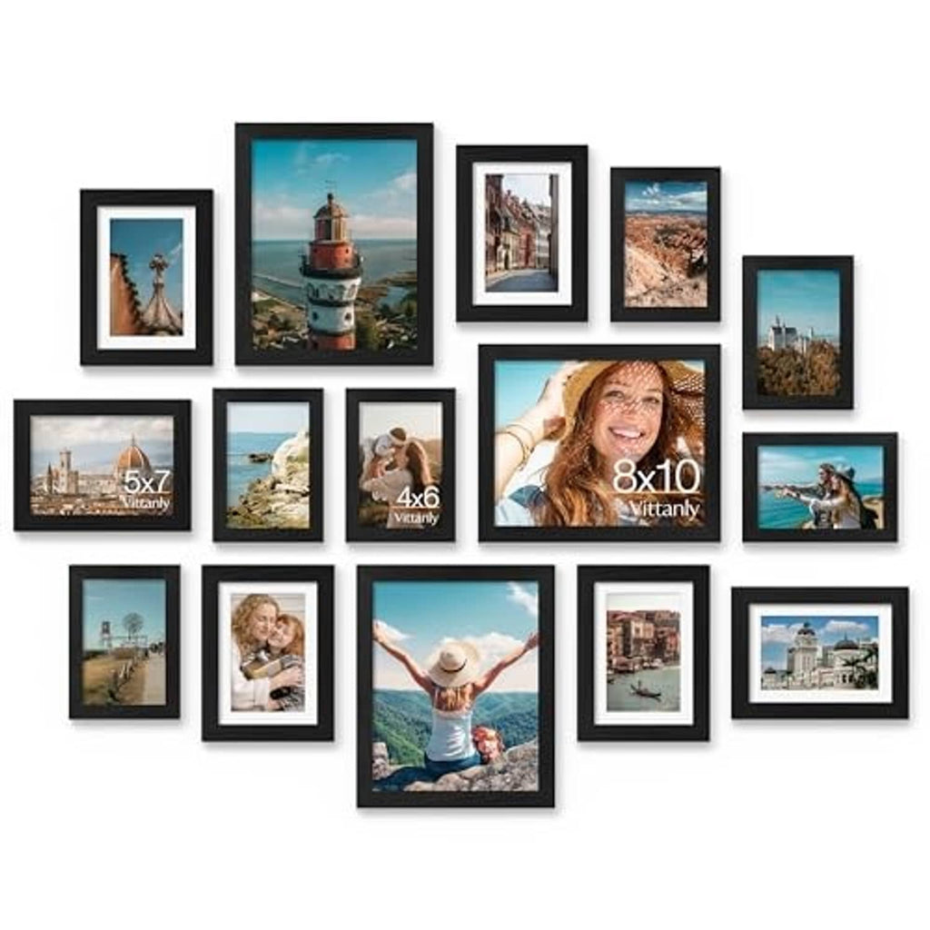 Black multi-frame collage set with 15 frames for wall or tabletop display