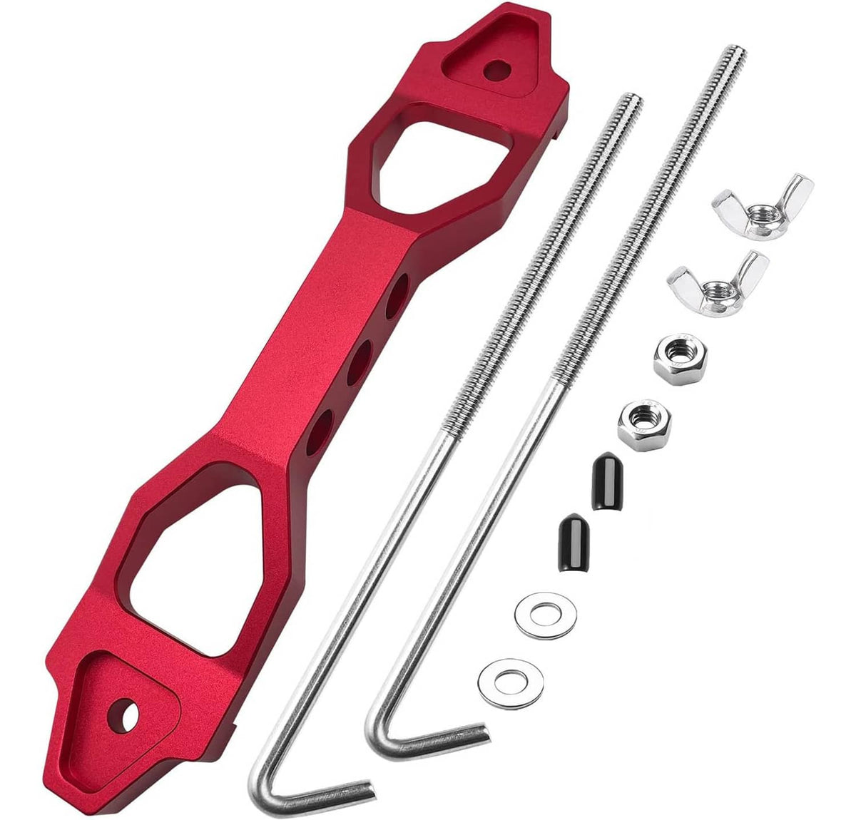 Red aluminum car battery tie-down bracket with J bolts, nuts, and washers included