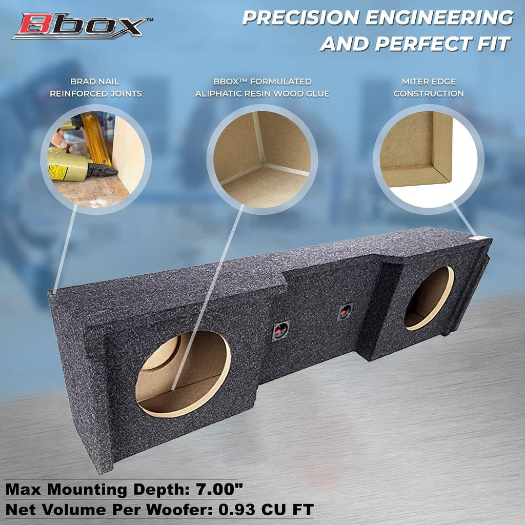Gray dual subwoofer enclosure with two round speaker cutouts and two wiring terminals.