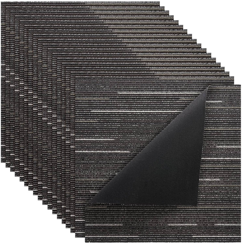 Gray square carpet tiles with textured striped surface, modular rug pieces