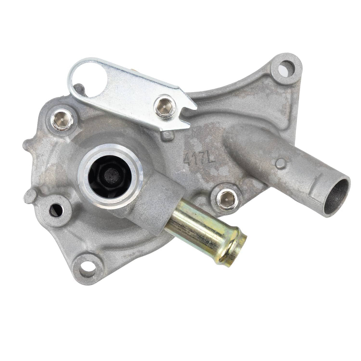 Water pump assembly with circular inlet, mounting plate, and outlet tube